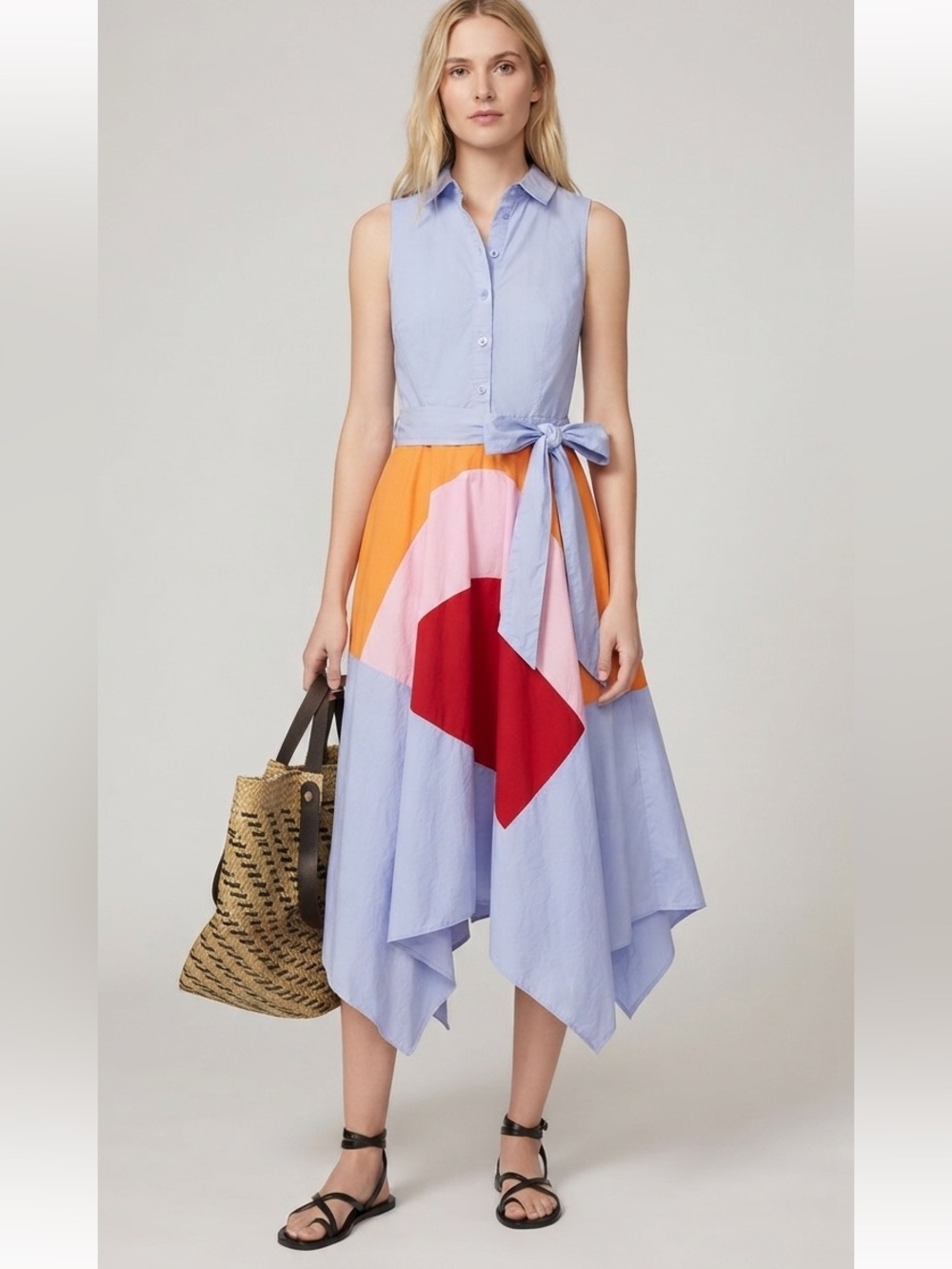 INA Colorblock Geometric Midi Shirt Dress S Sleeveless Handkerchief Asymmetric